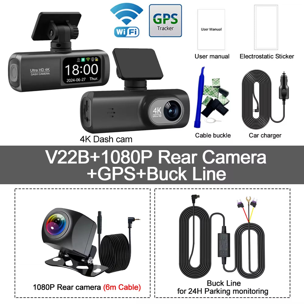 UHD 4K Dash Cam Dual Lens Driving Recorder Car DVR 1080P Rear Lens Camera Built-In Wifi GPS 24-Hour Parking Monitoring Black Box